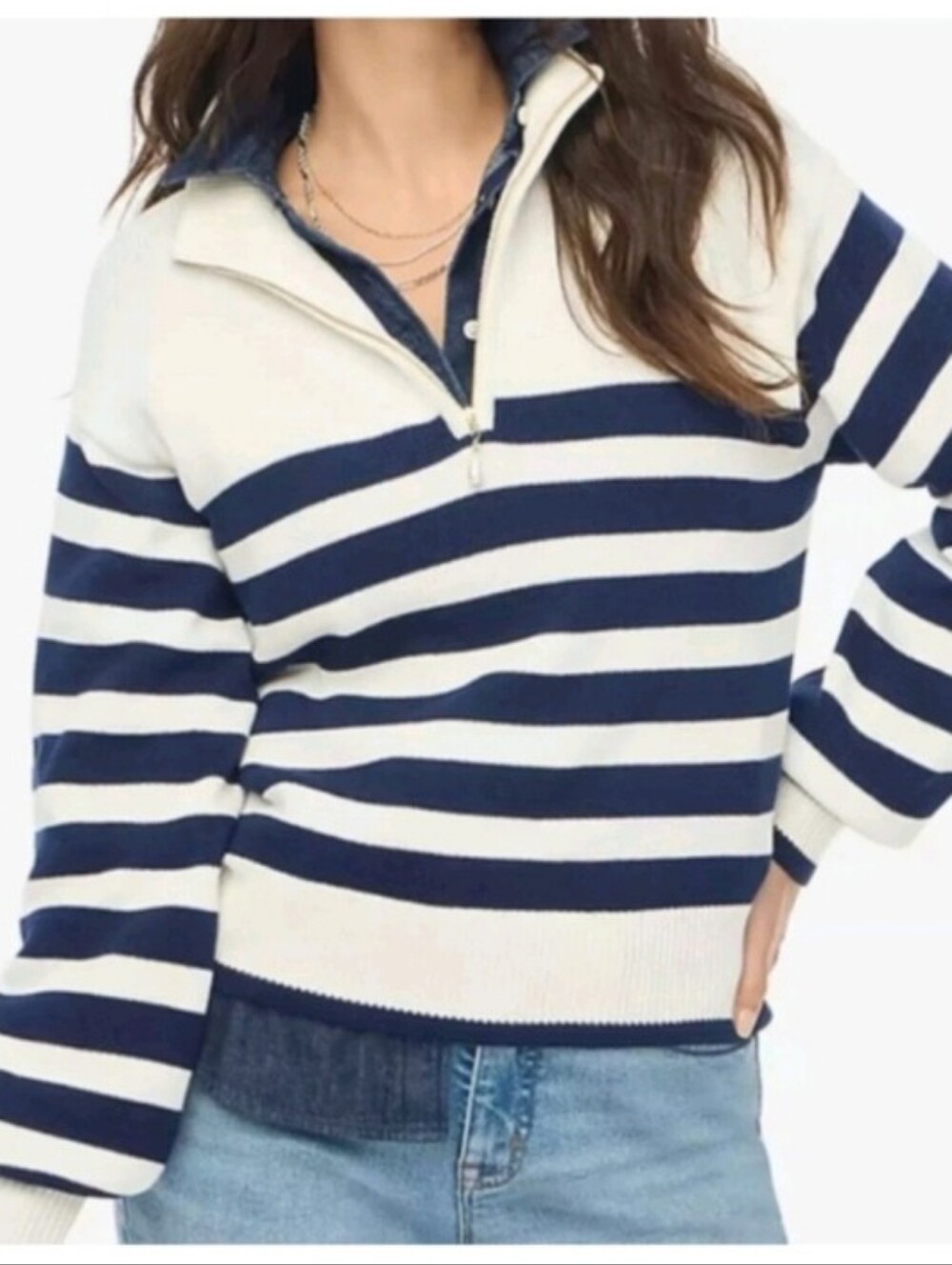 J. Crew Striped half-zip sweater with pearl zipper Sz S